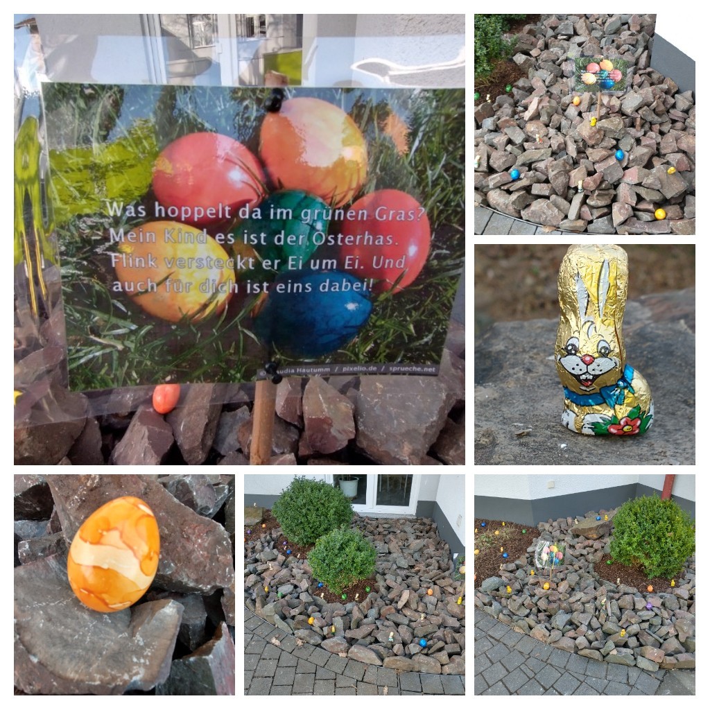 Collage mit Ostereiern und Schokohasen vor dem Büro von Invema
